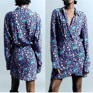 NWOT Zara Ditsy Multicolor Floral Print Faux Wrap Mini Dress Long Sleeve XS